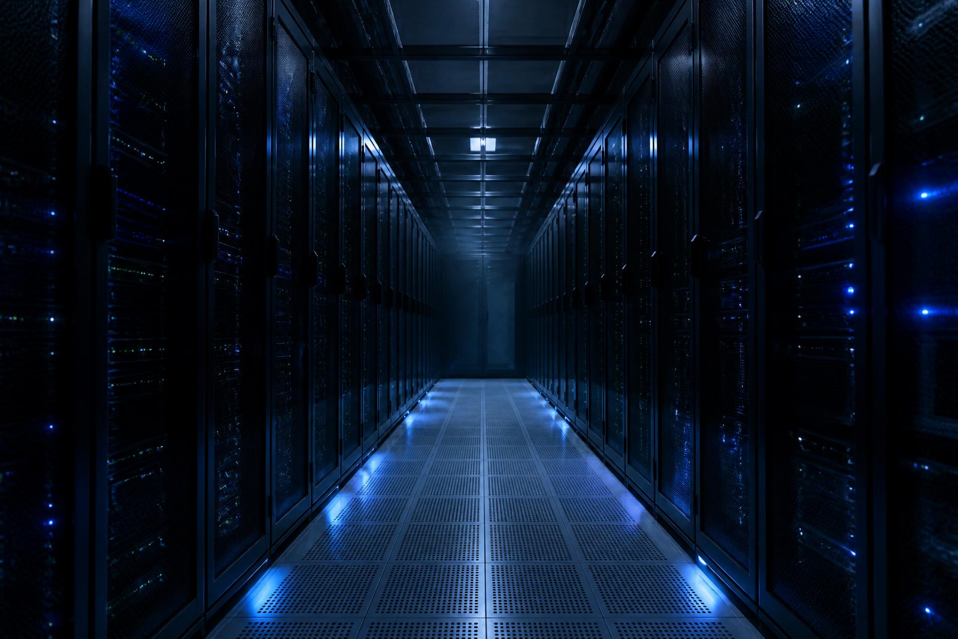 Aisle of a modern data center with rows of server racks and a raised access floor