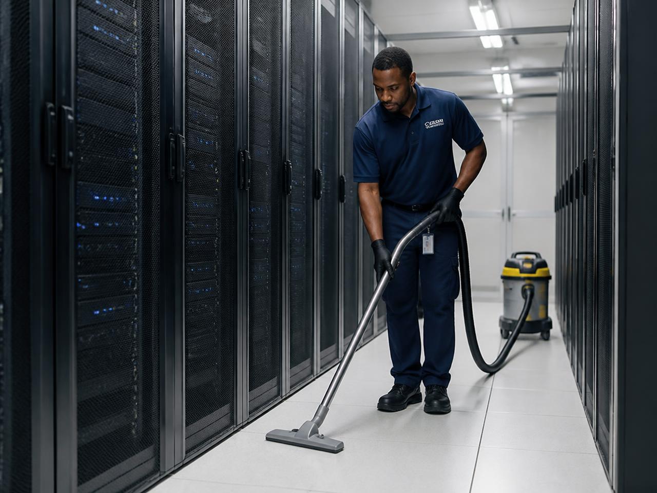 Technician performing scheduled routine floor cleaning in an operating data center